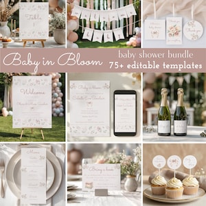 Peut inclure: Un ensemble de fête prénatale comprenant plus de 75 modèles modifiables avec un thème floral. La collection inclut des panneaux d'accueil, des guirlandes, des étiquettes cadeaux, des invitations, des menus, des cartes et des décorations.
