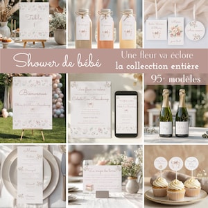 Peut inclure: Une collection de papeterie et de décoration pour baby shower ornée d'illustrations florales et de nœuds. L'ensemble comprend un panneau de bienvenue, des numéros de table, des menus, des étiquettes, des étiquettes de bouteilles et des toppers.