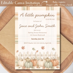 Baby Shower Invitation | A little Pumpkin is on the Way | Fall | Autumn | Editable Canva Templates | Instant Digital Download | Printable