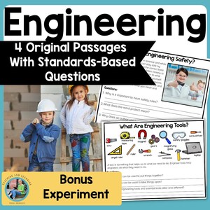 Könnte beinhalten: Lehrmittel mit dem Titel "Engineering" mit Kindern in Bauarbeiterkleidung. Das Bild enthält Text über Passagen, Fragen und Werkzeuge für Ingenieure. Ein Bonus-Experiment wird ebenfalls beworben.
