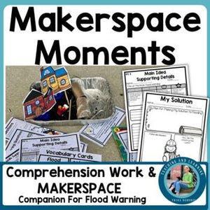 Pode incluir: Material educativo intitulado Makerspace Moments com folhas de trabalho impressas com títulos como Main Idea Supporting Details e My Solution, ao lado de uma pequena bandeja de alumínio contendo um tubo de papelão e recortes de casas de papel.