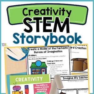 May include: A digital educational resource titled Creativity STEM Storybook featuring activity pages with text, illustrations of a building, a cardboard box, and a robot, alongside images of craft sticks and paper rolls for projects.
