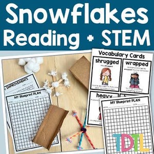 May include: Educational activity set titled Snowflakes Reading + STEM featuring printed worksheets with grids labeled My Blueprint Plan, vocabulary cards with illustrations, a craft snowflake made of sticks and cotton balls, and a pipe cleaner structure.