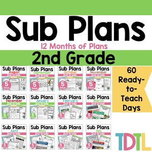 May include: A set of 2nd Grade Sub Plans for 12 months, offering 60 ready-to-teach days. Each month is displayed on a colourful card with the month's name and "5 Days" text. The title "Sub Plans" is in large black letters.