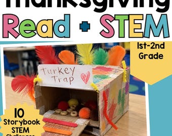 May include: A cardboard box turkey trap craft project decorated with colorful feathers, markers, and pipe cleaners. The front features a sign reading Turkey Trap with a heart, and a ramp made of colorful craft sticks leading to cereal pieces.