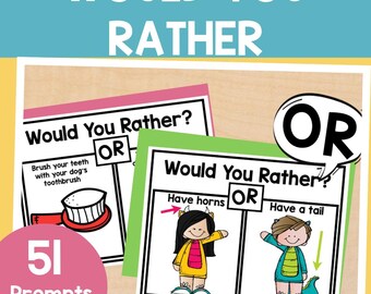 May include: Two colorful cards with the text "Would You Rather?" and "OR" in black. The first card shows a toothbrush and the text "Brush your teeth with your dog's toothbrush". The second card shows a girl with horns and a boy with a tail. The text on the second card says "Have horns" and "Have a tail". The text "51 Prompts" is at the bottom of the image.