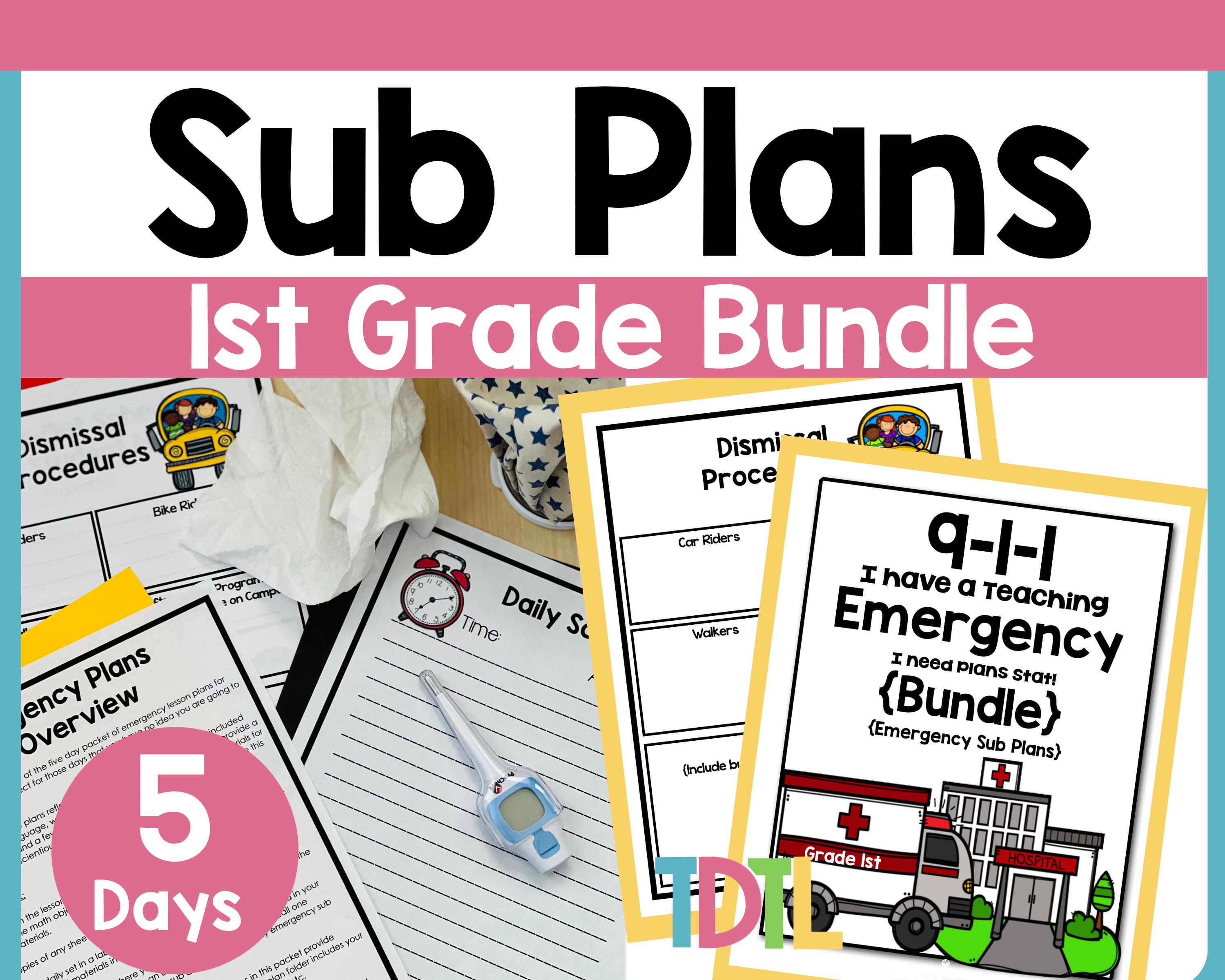 1st Grade Sub Plans Bundle Printable | Emergency Sub Binder ...