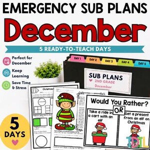 Christmas Sub Plans 2nd Grade, December Emergency Sub Folder, 5 Days No Prep ELA Math and Writing Activities