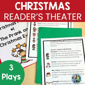 May include: A set of three Christmas Eve Prank reader's theater plays. The plays focus on teamwork, problem-solving, and kindness. The plays feature characters like Santa, Mrs. Claus, and the elves. The plays are designed for children to perform.