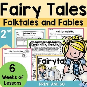 May include: Educational resource titled Fairy Tales Folktales and Fables for 2nd grade, featuring 6 weeks of lessons. Includes worksheets for Point of View, written Retelling, and My Visualization, with a cartoon princess and carriage graphic.