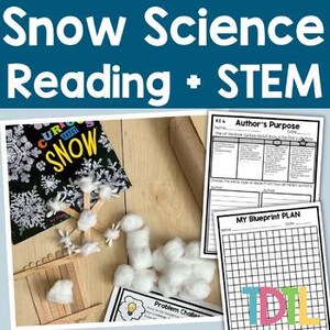 May include: A Snow Science Reading and STEM educational kit featuring a book titled Curious About Snow, wooden craft sticks, white cotton balls, and two printed worksheets titled Author's Purpose and My Blueprint PLAN with a grid.