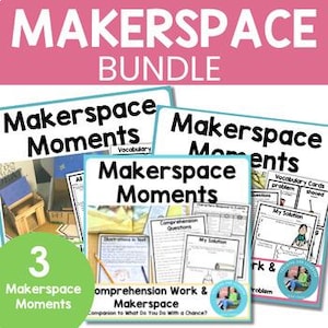 Pode incluir: Um pacote educacional digital intitulado Makerspace Moments que inclui várias folhas de trabalho imprimíveis, cartões de vocabulário e perguntas de compreensão. Os documentos contêm texto, ilustrações e seções para escrever soluções, tudo apresentado com um cabeçalho rosa.