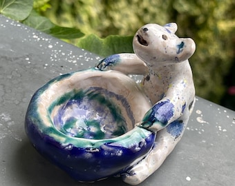 Moonbearer - Elemental bowl with beings, hand-formed & glazed, unique piece for altars, crystals and small heart items, jewelry