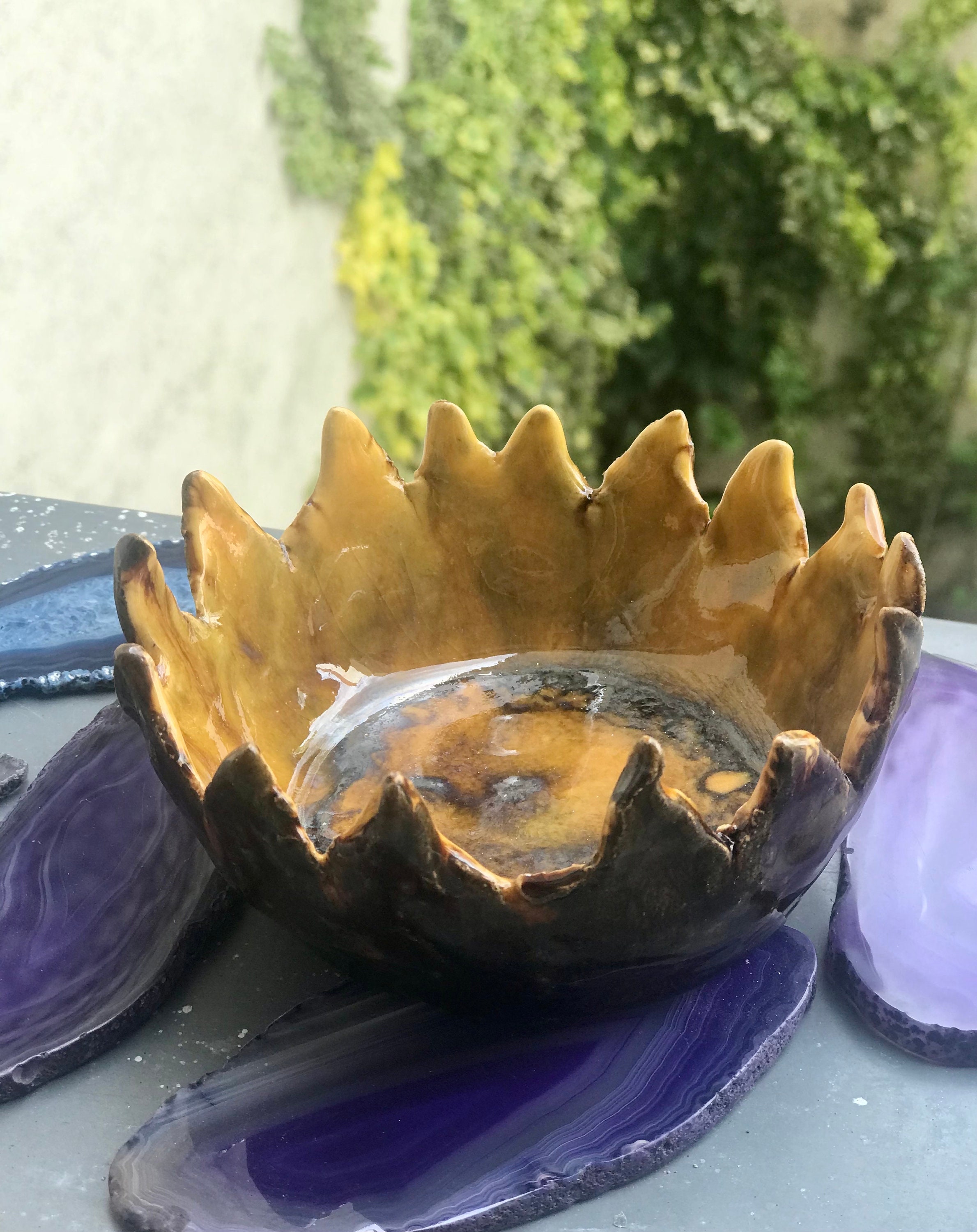 Sun chalice - ritual bowl, hand-formed with flame rim, unique piece made of clay for altars, crystals & light-filled rituals, light and heart magic