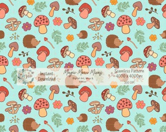 Cottagecore Mushroom Forest Seamless Pattern, Hedgehog Print (Digital Download)