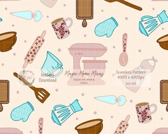 Baking Seamless Pattern,Kitchen Utensils Digital Paper,Cute Baking Illustrations,Bakery  Background, Instant Download