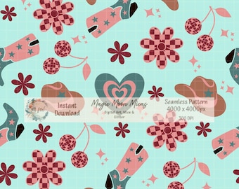 Disco Cowgirl Seamless Pattern | Retro Western Digital Paper (PNG)