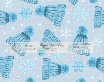 Winter Beanie & Snowflake Seamless Pattern, Blue Watercolor (Digital Download)