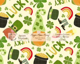 St Patrick’s Day Seamless Pattern | Lucky Gnome Shamrock Digital Paper | Irish Holiday Background