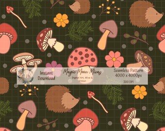 Cottagecore Mushroom Hedgehog Seamless Pattern (Digital Download)
