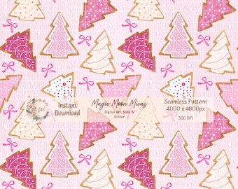 Christmas Tree Cookies Seamless Pattern, Pink Coquette Bows (Digital Download)