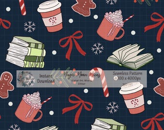 Christmas Books and Coffee Seamless Pattern, Holiday Digital Paper (Digital Download)