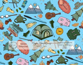 Camping Seamless Pattern | Hand-Drawn Outdoor Adventure Digital Paper (Digital Download)