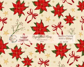 Poinsettia Christmas Seamless Pattern, Red Floral, Festive Bows (Digital Download)