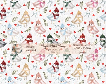 Watercolor Winter Birds Seamless Pattern | Holiday Digital Paper (PNG Download)