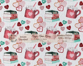 Valentine Coffee Mug Seamless Pattern | Cozy Books Hearts Watercolor Digital Paper | Love Background PNG