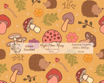 Cottagecore Mushroom Hedgehog Seamless Pattern, Yellow Background (Digital Download)