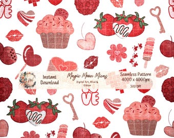 Valentine Strawberry Watercolor Seamless Pattern, Red Pink Hearts, 4000x4000px, 300 DPI, Romantic Digital Paper, Instant Download for Crafts