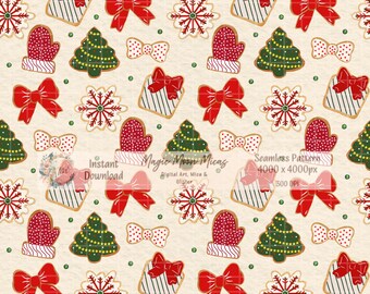 Handdrawn Digital Seamless Surface Pattern Printable PNG Christmas Holiday Cookies Cream Background Digital Download