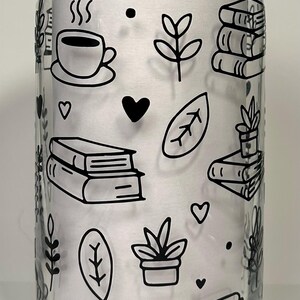 Books and Coffee | Glass Tumbler With Bamboo Lid And Glass Straw | Cute Cup, Libbey Glass For Everyday Use, Iced Coffee Glass Cup