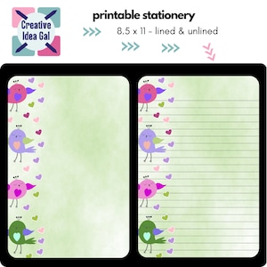 Pájaros del amor imprimibles, papelería linda, papel para escribir cartas sin forro, papel de notas, página de diario, papel creativo, descarga digital