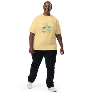Graphic t-shirt of floral coffee cups with funny phrase, coffee a day, keeps the doctor away, cute, adorable, yellow tee