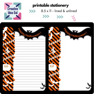 Printable Halloween bats pumpkin stationery, lined unlined letter writing paper, note paper, journal page, creative paper, digital download