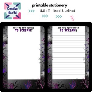 Printable Halloween scared scream stationery, lined unlined letter writing paper, note paper, journal page, creative paper, digital download