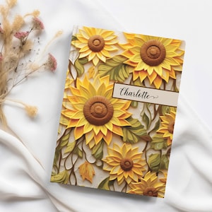 Sunflower Personalized Hardcover Journal, Embroidered Pattern, Customized Notebook for Women