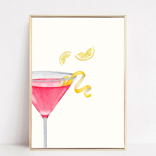 Trendy Cocktail Art, Printable Bar Cart Posters, Preppy Pink Cosmopolitan Art, Apartment Wall Art Instant Download