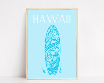 Hawaii Blue Preppy Beach House Surf Board Wall Art Decor, Instant Download Travel Poster, Surf Beach Vibes Ocean Art