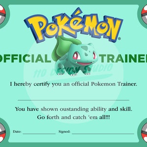 Pokemon Trainer Certificate Downloadable - Etsy