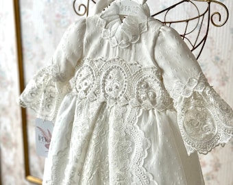 Embroidered Lace Christening Gown, Baby Girls Baptism Dress, Baptism Gown, Newborn Blessing Heirloom Gown Bonnet, Christening Gift Set