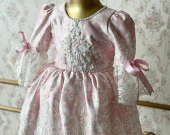 Pink Satin Lace Girls Easter Dress, Vintage Style Baby Girls Cute Easter Outfit, Pink Flower Girl Dress, Kids Birthday Party Dress Elegant