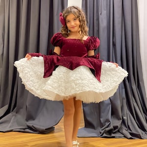 May include: A burgundy velvet dress with a white rose-textured skirt. The dress features puff sleeves and a square neckline. A matching burgundy bow adorns the hair. White shoes complete the outfit. This formal dress is suitable for special occasions.