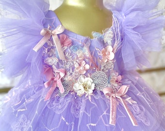3D Flower Baby Girl Tulle Tutu Dress, Purple Special Occasion Gown, Peach Flower Girl Puffy Sleeve Tutu, Blue Cute Birthday Party Dress