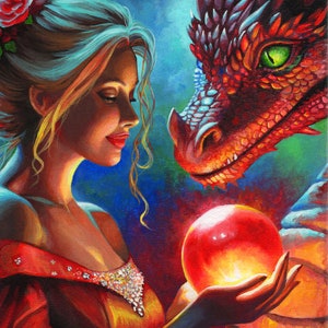 Dragon painting fantasy art painting of a dragon and sorcererous original 8&quot;x10&quot; acrylic painting on stretched canvas fantasy art original