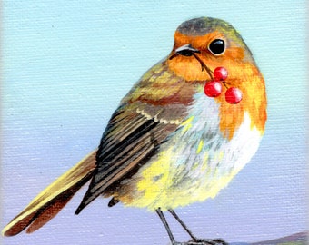 Painting of an English robin with holly berries for Christmas. 4"X4" acrylic painting of a bird on stretched canvas. Christmas bird painting