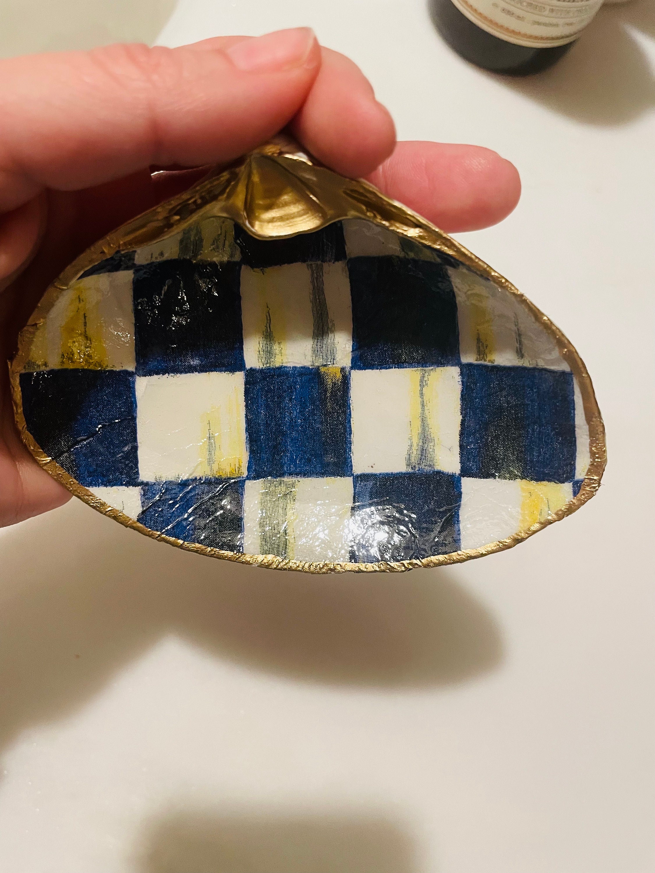 Checquered Shell HANDMADE Blue and White Checkered Decoupage Clam Shell Jewelry/trinket ...