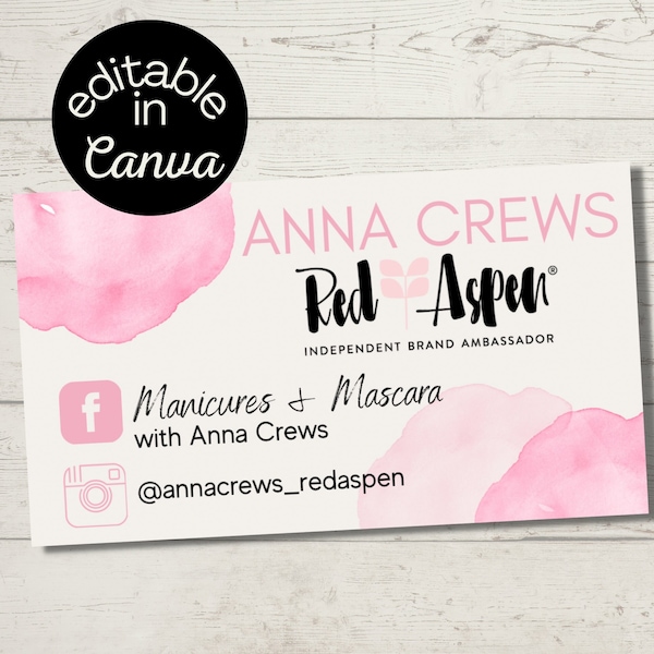 Editable Red Aspen Business Card - Canva Template, pink and white business card, watercolor business card